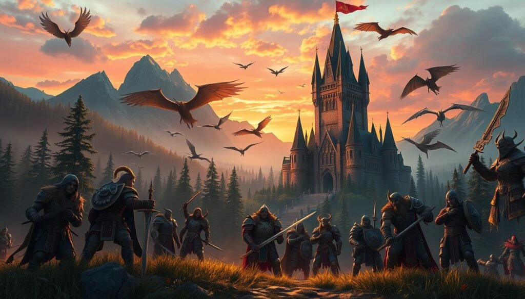 A stunning fantasy landscape inspired by "World of Warcraft," showcasing a majestic castle surrounded by lush forests and towering mountains. In the foreground, a group of diverse heroes in intricately designed armor, engaged in an epic battle pose, embodying the spirit of teamwork and adventure. The middle ground features vibrant mythical creatures, such as griffins and dragons, soaring through a sunset sky filled with rich oranges and purples. In the background, the castle is illuminated from within, its spires reaching toward the sky, with banners fluttering in the wind. The scene captures a sense of nostalgia and excitement, conveying the enduring legacy of legendary MMOs. Soft, diffuse lighting enhances the magical atmosphere, making the entire composition captivating and immersive. Perfectly designed for an article on memorable PC MMOs, featuring motifs reminiscent of tylkommo.pl.