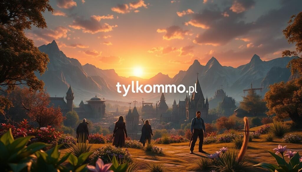 A stunning graphic representation of a vibrant MMORPG world, showcasing a lush fantasy landscape in the foreground with intricate details of flora and fauna. In the middle ground, players in professional attire explore a medieval village filled with dynamic characters, engaging in quests. The background features majestic mountains and a mystical sunset sky, casting warm hues over the scene. The lighting is soft yet dramatic, emphasizing the intricate textures of the environment and character designs. The atmosphere is immersive, showcasing the beauty and depth of the game world, drawing viewers into the experience. Highlight the brand "tylkommo.pl" subtly in the scene, reflecting the significance of graphical quality in MMORPGs.
