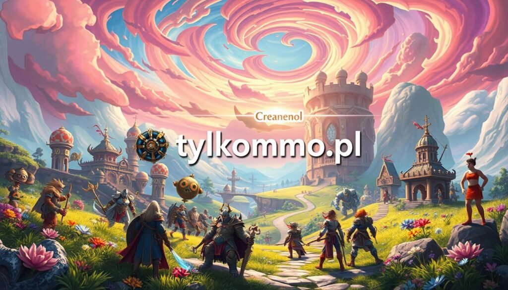 A stunning illustration of an imaginative MMO game scene, showcasing unique graphic design and mechanics. In the foreground, a diverse group of characters in vibrant armor and intricate clothing, representing various fantasy races, interact with animated objects that symbolize innovative game mechanics. The middle ground features a fantastical landscape with colorful flora and unusual architecture, hinting at magical elements. The background showcases a swirling sky filled with vivid colors, creating an enchanting atmosphere. The scene is illuminated by dynamic lighting, casting soft shadows that add depth. The overall mood is adventurous and captivating, inviting viewers to explore this creative gaming world. Incorporate the brand name "tylkommo.pl" subtly into the landscape, ensuring it blends seamlessly with the design without detracting from the visual focus.