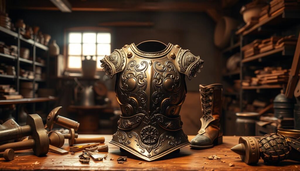 A stunningly detailed piece of armor, featuring intricate designs and craftsmanship, presented in a three-dimensional view. In the foreground, a polished chest plate gleams, adorned with elaborate engravings that reflect light, surrounded by various crafting tools like hammers and anvil fragments, softened by warm ambient lighting. In the middle ground, showcasing a set of gauntlets and boots, the armor appears weathered yet resilient, with materials like metal and leather blending harmoniously. The background is a serene, dimly lit artisan workshop filled with shelves of crafting materials, where soft rays of sunlight filter through a window, casting a gentle glow throughout the scene. The overall atmosphere conveys a sense of creativity and hard work, inviting the viewer into the world of armor craftsmanship.