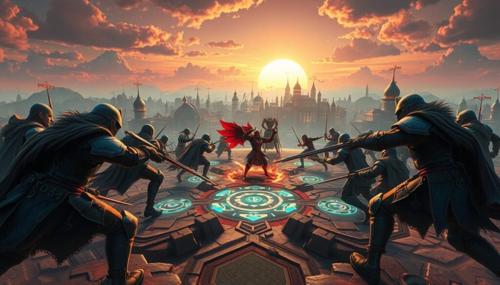 A unique fantasy combat system is depicted in a captivating MMO setting. In the foreground, a diverse group of characters in medieval-inspired armor engages in an intense battle, showcasing dynamic movement and strategy. Their expressions reflect determination and teamwork. The middle ground features an intricate, stylized battlefield with fantastical elements like glowing runes and interactive terrain that influences combat. In the background, a vibrant skyline is filled with a magical sunset, illuminating the scene with warm, golden light. The mood is exhilarating and adventurous, hinting at epic stories yet to be told. The image captures the essence of innovative gaming mechanics. Shot with a wide-angle lens to enhance depth, showcasing the action and details. Include "tylkommo.pl" in a subtle way.