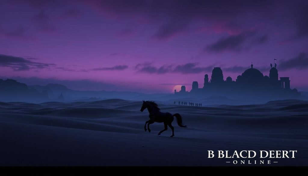 A vast black desert landscape, showcasing rolling dunes and dark, jagged rock formations, under a twilight sky with hues of deep purple and blue. In the foreground, a lone, majestic black horse gallops gracefully across the sand, its mane flowing. Set in the middle ground, a distant caravan of traders can be seen silhouetted against the fading light, adding a sense of adventure and exploration. In the background, the silhouette of a grand, ancient temple emerges, partially buried in sand, hinting at forgotten lore. The scene captures a mystical atmosphere, with soft, ethereal lighting illuminating the desert’s unique textures. Shot from a low angle to emphasize the grandeur of the landscape, this image encapsulates the essence of "Black Desert Online" as an Asian sandbox experience. Tylkommo.pl.