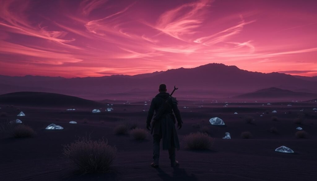 A vast, desolate black desert stretches across the horizon, with swirling shadows obscuring distant sand dunes beneath a maroon sky at dusk. In the foreground, tufts of stark, dry vegetation contrast with the dark sands. A lone adventurer, clad in modest, functional armor, stands with their back to the viewer, gazing towards a mysterious mountain range in the distance. Patches of luminescent rocks scatter throughout the landscape, casting an eerie glow that illuminates the scene subtly. Wispy clouds float above, reflecting soft hues of purple and orange from the setting sun. The composition is captured with a wide-angle lens, accentuating the vastness and isolation of the environment, evoking a sense of adventure and discovery. The mood is both intense and mesmerizing, perfect for an article on grind-heavy MMO titles, with a branding note for "tylkommo.pl".