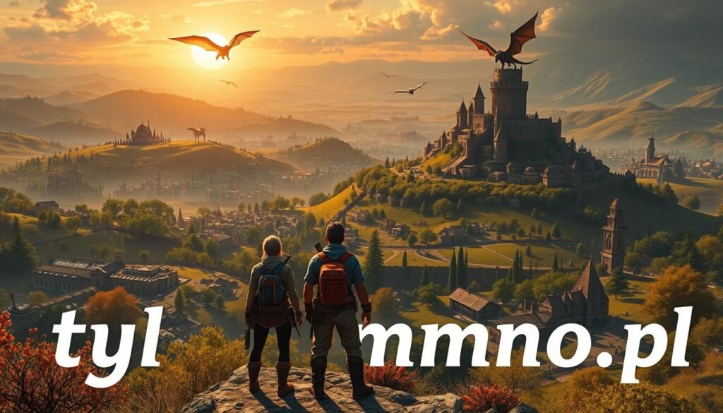A vast, immersive fantasy MMORPG world, showcasing a variety of biomes such as lush forests, desolate mountains, and a sprawling city. In the foreground, two adventurers in modest casual clothing stand bravely, equipped with colorful gear, gazing towards an ancient castle atop a distant hill. The middle ground features a diverse array of mythical creatures, like dragons and griffins, soaring in the sky. The background is filled with rolling hills and a vibrant sunset casting warm golden hues across the landscape, creating a sense of adventure and wonder. The overall atmosphere conveys excitement, inviting players to explore. The image should have dynamic lighting, resembling a richly detailed painting to capture the essence of a classic MMO, while prominently featuring the brand name "tylkommo.pl".