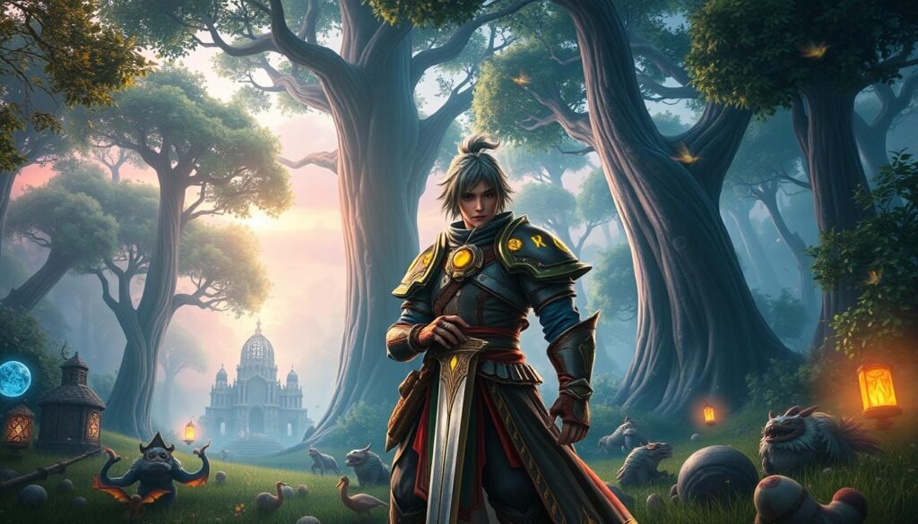 A vibrant and detailed fantasy scene depicting a character from Ragnarok Origin, standing in a lush, enchanted forest. In the foreground, the character is a skilled warrior wearing a stylish yet practical outfit, resembling traditional RPG armors, with glowing runes etched into their gear. They hold a shimmering sword, ready for battle. In the middle ground, various mystical creatures and elements, such as floating orbs and ancient ruins, hint at the game's world. The background features towering trees with ethereal light filtering through the leaves, creating a magical atmosphere. The overall mood is adventurous and intriguing, set during a magical twilight hour, with soft, diffused lighting accentuating the details. The angle captures both the character's determination and the enchanting landscape around them.