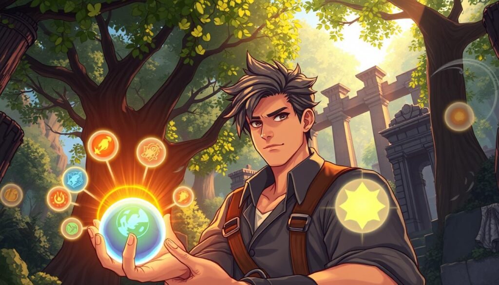 A vibrant and detailed illustration of a character from a fantasy RPG, engaged in the act of skill enhancement within an enchanting forest environment. In the foreground, a focused adventurer in professional attire is experimenting with glowing magical orbs representing various skills and abilities. Their expression shows determination and concentration. The middle ground features lush trees with dappled sunlight filtering through leaves, creating a mystical atmosphere. In the background, ancient ruins hint at a rich backstory, while ethereal wisps of energy swirl around, enhancing the sense of magic. The lighting is soft yet vivid, casting a warm glow on the scene, encouraging a feeling of adventure and discovery. The angle captures the character's interaction with the skills, drawing the viewer into the experience.