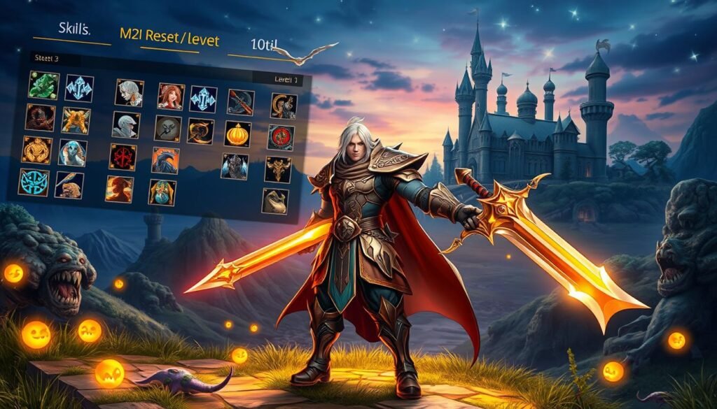 A vibrant and detailed scene illustrating a character from MU Online, showcasing a clear build with specific stats and skills tailored for reset and leveling. In the foreground, a determined warrior clad in ornate armor, wielding a glowing sword, stands triumphantly with a skill tree glowing behind them. The middle ground features lush, digitally created landscapes depicting various monster spots, while random glowing items hint at potential drops scattered around. The background holds a whimsical castle under a twilight sky, with stars beginning to sparkle, casting a magical atmosphere. The lighting is dynamic, highlighting the hero's features and giving a sense of adventure. The image should evoke excitement and strategy, perfect for showcasing game progression.