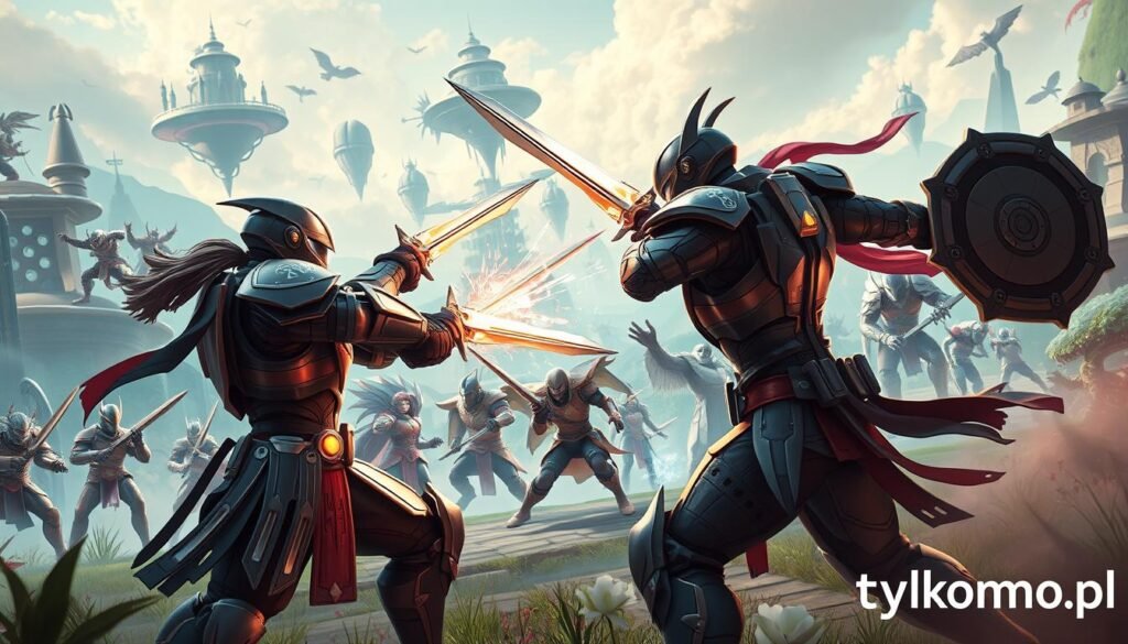 A vibrant and dynamic battle scene in a lush, fantasy world showcasing a futuristic PvP combat setting. In the foreground, two armored warriors in sleek, modern combat gear engage in a fierce fight, their swords clashing with sparks flying. One warrior has glowing runes etched into their armor, while the other brandishes a high-tech shield. The middle ground features a diverse group of various fantastical creatures and characters, both humanoid and non-humanoid, each engaged in intense battles. In the background, a stunning, animated landscape with floating islands and futuristic structures creates a sense of depth. Soft, ethereal lighting casts dramatic shadows, enhancing the action. The overall mood is exhilarating and intense, capturing the essence of modern games with a dynamic combat system. Include the brand "tylkommo.pl" subtly integrated into the scene.