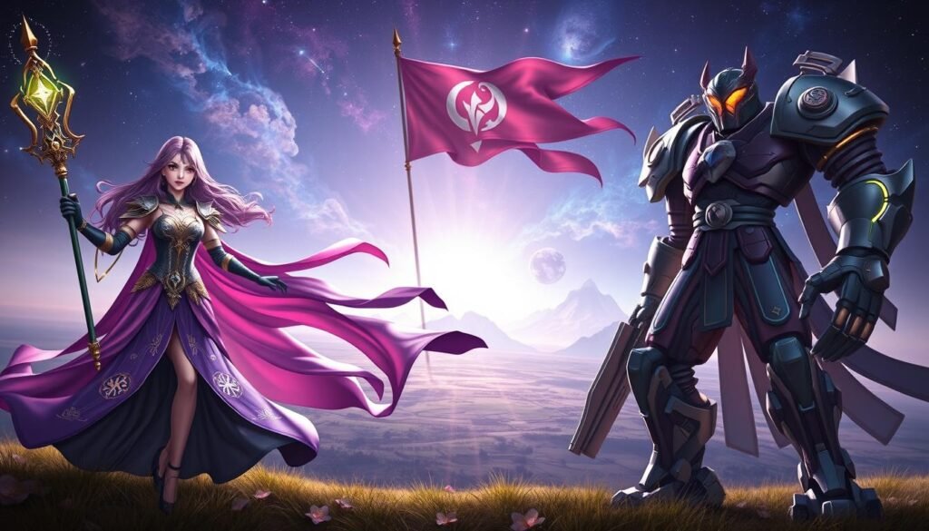 A vibrant and dynamic depiction of three distinct factions from an MMORPG setting: Cora, Bellato, and Accretia. In the foreground, showcase a heroic Cora character in flowing, elegant robes adorned with mystical symbols, wielding a staff that glows with arcane energy. To the left, a futuristic Bellato warrior in sleek, high-tech armor with glowing accents, holding a plasma rifle, exuding confidence. On the right, an imposing Accretia mechanical soldier, constructed from rugged metal and advanced technology, ready for battle. The middle ground features a fantastical landscape, with each faction’s flag billowing in the wind, symbolizing their unique identities. The background reveals a vast, starry sky with nebulae, creating an epic, adventurous atmosphere. Soft, dramatic lighting enhances the details and mood, capturing the essence of rivalry and collaboration in a stunning fantasy world. A vibrant and dynamic depiction of three distinct factions from an MMORPG setting: Cora, Bellato, and Accretia. In the foreground, showcase a heroic Cora character in flowing, elegant robes adorned with mystical symbols, wielding a staff that glows with arcane energy. To the left, a futuristic Bellato warrior in sleek, high-tech armor with glowing accents, holding a plasma rifle, exuding confidence. On the right, an imposing Accretia mechanical soldier, constructed from rugged metal and advanced technology, ready for battle. The middle ground features a fantastical landscape, with each faction’s flag billowing in the wind, symbolizing their unique identities. The background reveals a vast, starry sky with nebulae, creating an epic, adventurous atmosphere. Soft, dramatic lighting enhances the details and mood, capturing the essence of rivalry and collaboration in a stunning fantasy world.