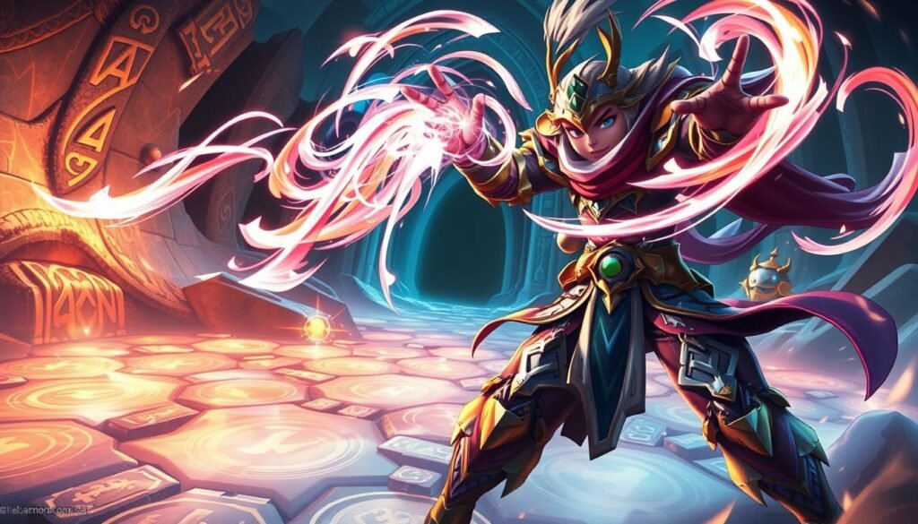 A vibrant and dynamic digital art piece depicting a skilled character from a fantasy MMORPG, wielding mystical powers. In the foreground, the character is in a dynamic action pose, casting a spell with swirling energy effects surrounding their hands. The character is dressed in elaborate, colorful armor that reflects their role as a powerful combatant. The middle ground showcases an ethereal landscape with glowing runes and layered textures of magical aura, emphasizing the concept of skill and combo mastery. In the background, a shadowy dungeon entrance looms, hinting at adventure and challenge. The lighting is bright with magical glows and contrasting shadows, creating a sense of excitement and urgency, while the overall atmosphere is one of empowerment and strategic gameplay. Use a wide-angle lens to enhance depth and detail. A vibrant and dynamic digital art piece depicting a skilled character from a fantasy MMORPG, wielding mystical powers. In the foreground, the character is in a dynamic action pose, casting a spell with swirling energy effects surrounding their hands. The character is dressed in elaborate, colorful armor that reflects their role as a powerful combatant. The middle ground showcases an ethereal landscape with glowing runes and layered textures of magical aura, emphasizing the concept of skill and combo mastery. In the background, a shadowy dungeon entrance looms, hinting at adventure and challenge. The lighting is bright with magical glows and contrasting shadows, creating a sense of excitement and urgency, while the overall atmosphere is one of empowerment and strategic gameplay. Use a wide-angle lens to enhance depth and detail.