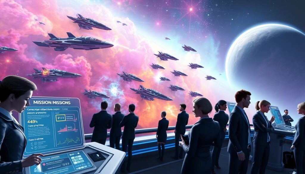 A vibrant and dynamic digital space scene depicting a variety of missions in EVE Echoes. In the foreground, a group of diverse, professional-looking avatars in sleek futuristic attire engage with holographic displays showcasing mission objectives and rewards. The middle ground features an array of spaceships, each uniquely designed, navigating through a colorful nebula filled with swirling gases and sparkling stars. In the background, a distant planet looms majestically, casting a soft glow across the scene. The lighting is bright yet soft, with a focus on ethereal blues and purples, creating an adventurous atmosphere. The angle is slightly elevated, offering a comprehensive view of the action, emphasizing teamwork and strategy in a safe, engaging PvE environment. A vibrant and dynamic digital space scene depicting a variety of missions in EVE Echoes. In the foreground, a group of diverse, professional-looking avatars in sleek futuristic attire engage with holographic displays showcasing mission objectives and rewards. The middle ground features an array of spaceships, each uniquely designed, navigating through a colorful nebula filled with swirling gases and sparkling stars. In the background, a distant planet looms majestically, casting a soft glow across the scene. The lighting is bright yet soft, with a focus on ethereal blues and purples, creating an adventurous atmosphere. The angle is slightly elevated, offering a comprehensive view of the action, emphasizing teamwork and strategy in a safe, engaging PvE environment.
