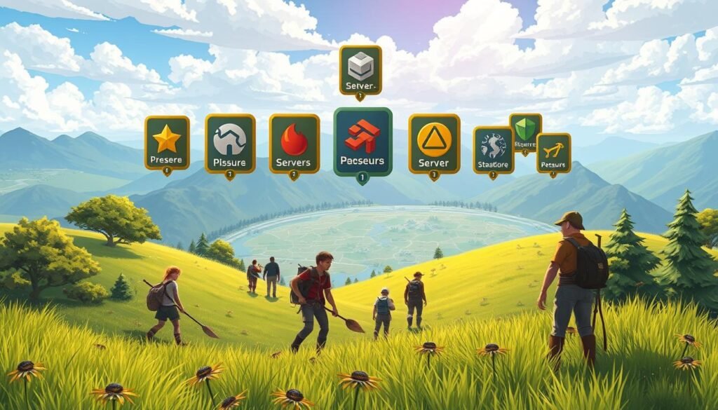 A vibrant and dynamic illustration depicting the concept of "worlds" or "servers" in the Old School RuneScape game. In the foreground, show a fantastical landscape with lush green fields and diverse in-game characters, including adventurers in modest casual attire engaging in activities like gathering resources or exploring. The middle ground showcases various server icons floating above a digital map, representing different game worlds. In the background, a bright blue sky filled with pixelated clouds and distant mountains creates a sense of adventure and exploration. The lighting is warm and inviting, suggesting a bright day, emphasizing a sense of community and opportunity. The overall mood is energetic and engaging, reflecting the excitement of choosing a server in the game. A vibrant and dynamic illustration depicting the concept of "worlds" or "servers" in the Old School RuneScape game. In the foreground, show a fantastical landscape with lush green fields and diverse in-game characters, including adventurers in modest casual attire engaging in activities like gathering resources or exploring. The middle ground showcases various server icons floating above a digital map, representing different game worlds. In the background, a bright blue sky filled with pixelated clouds and distant mountains creates a sense of adventure and exploration. The lighting is warm and inviting, suggesting a bright day, emphasizing a sense of community and opportunity. The overall mood is energetic and engaging, reflecting the excitement of choosing a server in the game.