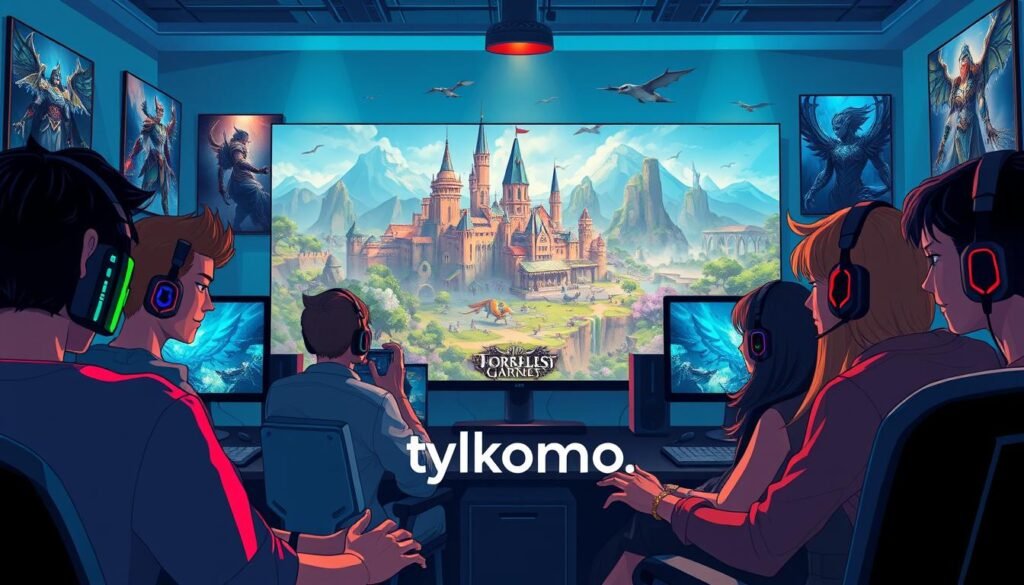 A vibrant and dynamic illustration depicting the phenomenon of MMORPGs in today's market. In the foreground, a diverse group of gamers, male and female, clad in casual yet tasteful clothing, are intensely engaged with their gaming setups, surrounded by colorful LED lights and gaming paraphernalia. The middle ground features a large, detailed virtual landscape on their screens, showcasing epic fantasy elements like majestic castles, vast forests, and roaming mythical creatures. The background captures a modern gaming room atmosphere, with posters of iconic games and advanced gaming gear. The scene is illuminated with soft, ambient lighting, creating an immersive, exciting mood. The overall composition invites viewers into the thrilling world of MMORPGs, reflecting their enduring popularity. "tylkommo.pl" logo subtly integrated into the gaming screens.