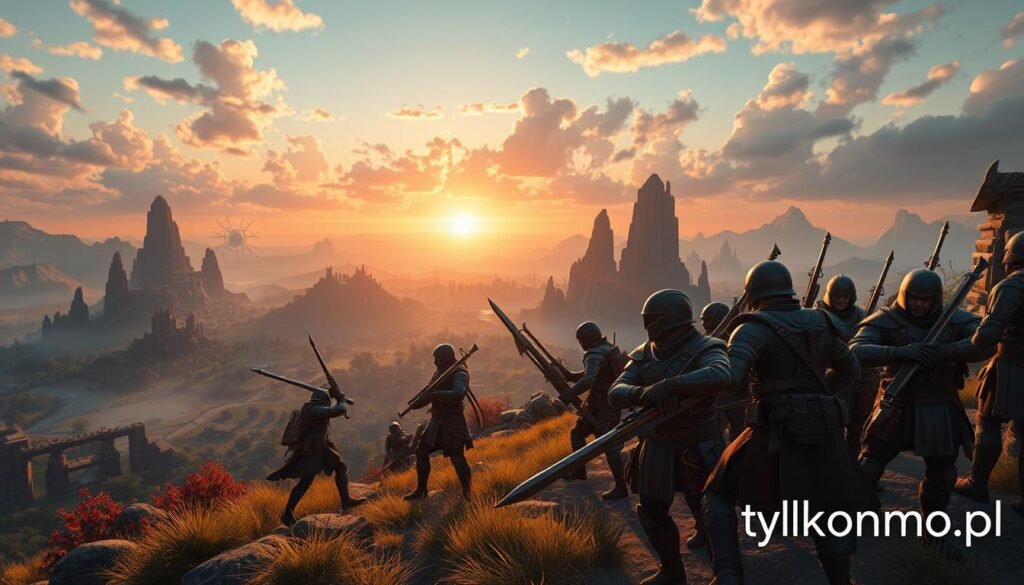 A vibrant and dynamic open-world game scene showcasing "the power of sandboxes." In the foreground, a diverse group of heroic warriors in professional battle attire, equipped with unique weapons, strategizing together. The middle ground features a sprawling, lush sandbox landscape with interactive elements like towering cliffs, mystical forests, and ancient ruins. In the background, an expansive sky with a radiant sunset casts warm hues over the horizon, creating a mood of adventure and exploration. The atmosphere is rich with potential, emphasized by soft, enchanting lighting that highlights the intricate textures of the environment. The camera angle is slightly elevated, providing a panoramic view of this immersive world, capturing the essence of teamwork and epic PvP battles. A subtle branding for "tylkommo.pl" integrated into the natural scenery.