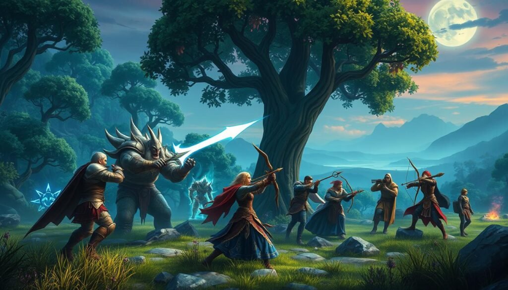 A vibrant and dynamic scene depicting a group of characters engaged in a strategic battle against various fantasy mobs in a lush, enchanted forest setting, typical of a classic MMORPG. In the foreground, a warrior clad in shining armor is valiantly striking at a hulking creature while a mage, in elaborate robes, casts a powerful spell. The middle ground features more players, including an archer aiming from a tree, collaborating to devise tactics. The background showcases a mystical landscape with dense trees, glowing magical elements, and distant hills under a twilight sky. Soft, ethereal lighting enhances the atmosphere, creating a sense of urgency and excitement, as if a thrilling quest is underway. The mood conveys teamwork, adventure, and the thrill of grinding for experience points in an immersive virtual world.