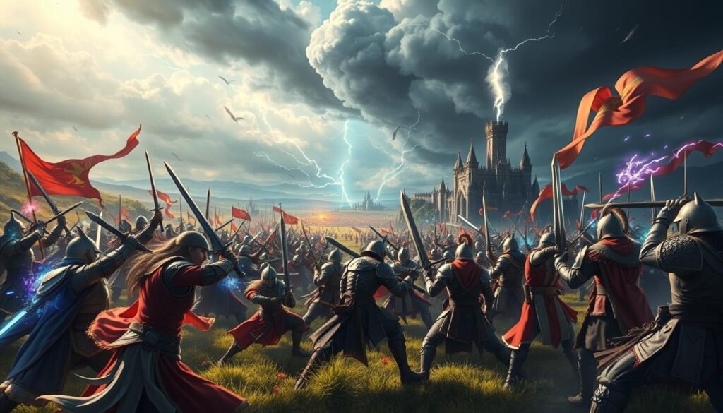A vibrant and dynamic scene depicting an epic guild war in a fantastical, medieval landscape. In the foreground, a diverse group of adventurers in professional-looking armor are engaged in fierce combat, showcasing a variety of weaponry and spells, such as swords, bows, and magical energy. The middle ground features a sprawling battlefield with towering structures and banners flying high, symbolizing different factions. In the background, a distant castle looms under dramatic stormy clouds, with lightning illuminating the scene, creating an intense atmosphere. The lighting is dramatic, casting sharp shadows and highlighting the action. The overall mood is one of excitement and urgency, capturing the essence of community and competition in an MMORPG setting. The scene embodies the spirit of “tylkommo.pl,” appealing to players seeking the best free-to-play experiences.