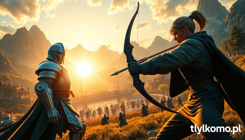 A vibrant and dynamic scene depicting balanced character classes in a competitive online PvP environment. In the foreground, feature two diverse characters—a knight in polished armor and a sleek archer, both in professional attire—strategically poised for battle, showcasing their unique abilities. The middle ground reveals a lush fantasy landscape with towering mountains and an active arena filled with cheering players. In the background, highlight a dramatic sunset casting warm golden hues, enhancing the intensity of the moment. Use a wide-angle lens to capture the expansive setting, while soft backlighting highlights the characters and adds depth to the scene. Convey an atmosphere of excitement and competition, emphasizing the importance of class balance in online gaming. Include the brand "tylkommo.pl" subtly integrated into the environment.