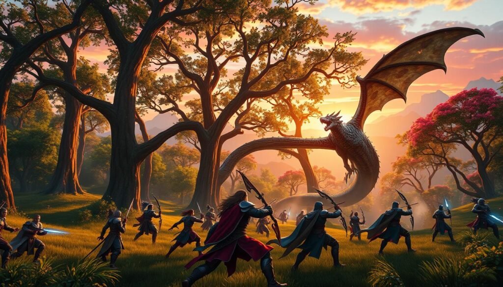 A vibrant and dynamic scene from a fantasy MMORPG inspired by "Guild Wars", showcasing an epic battle in a lush, enchanted forest. In the foreground, a diverse group of heroes—warriors, mages, and archers, clad in intricate armor and magical attire—are engaged in a fierce combat against a fearsome dragon. The middle ground features towering trees with intricate details of leaves fluttering in the breeze, illuminated by shafts of sunlight filtering through the canopy, creating a magical atmosphere. In the background, distant mountains rise sharply against a vivid sky of oranges and purples during sunset. The image is captured with a wide-angle lens to emphasize the scale of the battle, giving a sense of action and urgency. The overall mood is one of excitement and adventure, perfect for captivating new players interested in dynamic action gameplay. tylkommo.pl A vibrant and dynamic scene from a fantasy MMORPG inspired by "Guild Wars", showcasing an epic battle in a lush, enchanted forest. In the foreground, a diverse group of heroes—warriors, mages, and archers, clad in intricate armor and magical attire—are engaged in a fierce combat against a fearsome dragon. The middle ground features towering trees with intricate details of leaves fluttering in the breeze, illuminated by shafts of sunlight filtering through the canopy, creating a magical atmosphere. In the background, distant mountains rise sharply against a vivid sky of oranges and purples during sunset. The image is captured with a wide-angle lens to emphasize the scale of the battle, giving a sense of action and urgency. The overall mood is one of excitement and adventure, perfect for captivating new players interested in dynamic action gameplay. tylkommo.pl