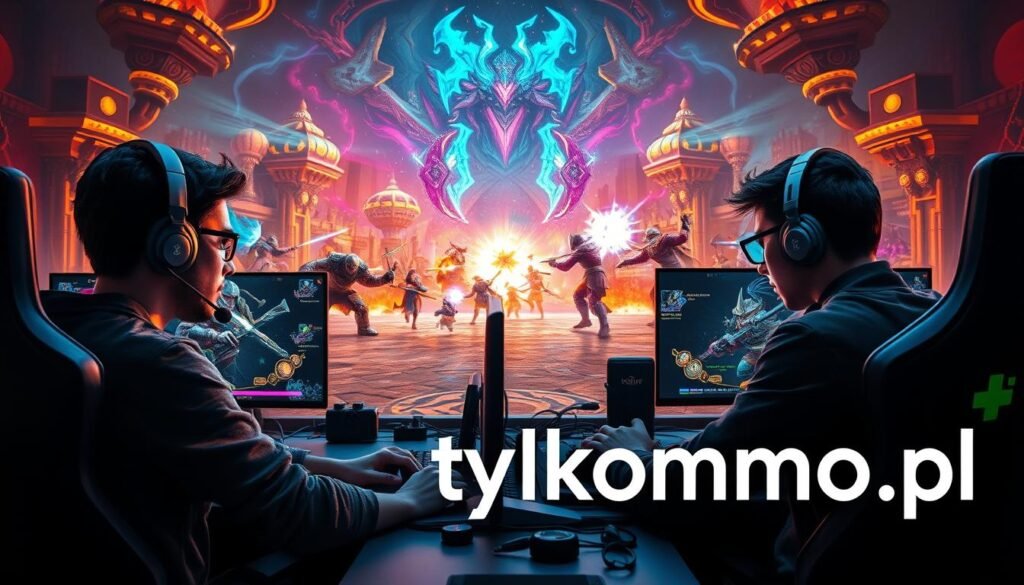 A vibrant and dynamic scene of intense competition in a PC MMO gaming environment. In the foreground, two gamers, focused and determined, are seated at their desks with high-tech gaming gear. One is wearing a headset and the other is intensely immersed in gameplay, both dressed in casual gaming attire. In the middle ground, an immersive virtual battleground is depicted, showcasing characters in armor battling with glowing weapons and spell effects. The background features an ornate fantasy landscape with digital elements, filled with energy and movement. Bright neon lights create an electric atmosphere, enhancing the sense of competition. The image reflects the excitement and adrenaline of PvP encounters and showcases the essence of rivalry in gaming. The brand "tylkommo.pl" subtly integrated into the scene.