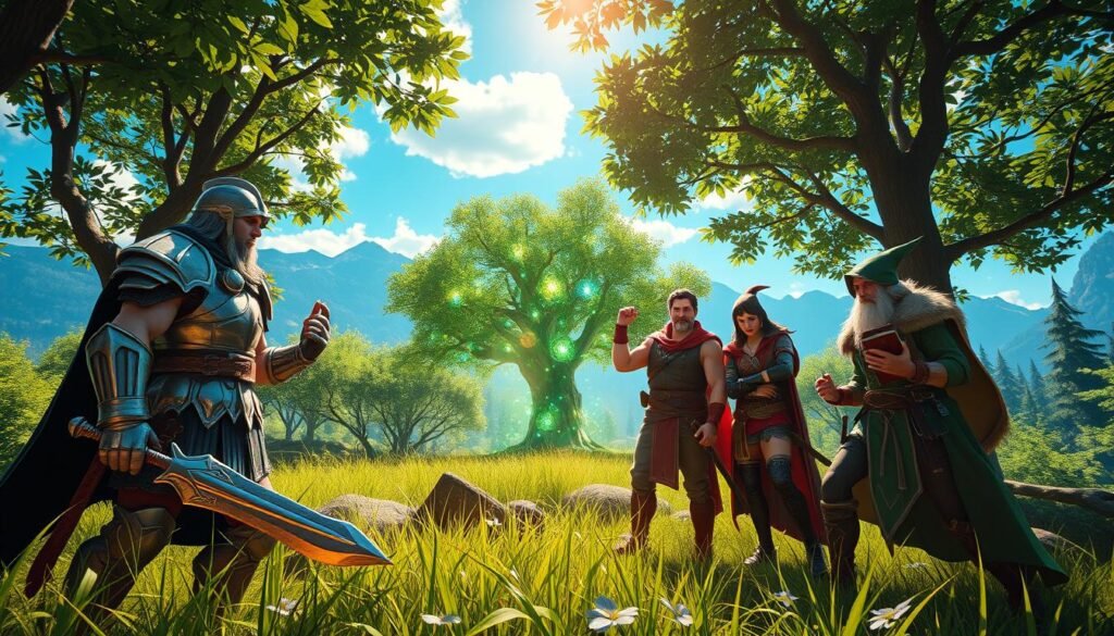 A vibrant and dynamic scene set in a fantasy realm, showcasing a diverse group of adventurers strategizing in a lush, green forest. In the foreground, three characters of different classes: a fierce warrior clad in shining armor, a cunning rogue wielding dual daggers, and a wise mage with a spellbook, are collaborating closely. In the middle, a mystic glowing tree symbolizes collaboration, with magical lights swirling around it. The background reveals distant mountains under a bright blue sky, casting dappled sunlight through the trees, creating a sense of adventure and camaraderie. The mood is energetic and spirited, ideal for conveying teamwork and growth in the game. The composition captures an engaging angle as if the viewer is part of the adventurers’ mission.