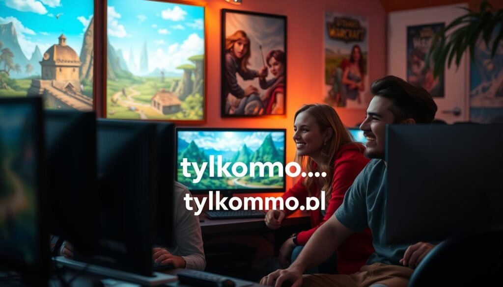 A vibrant and engaging scene depicting a cozy, virtual gaming environment that showcases the concept of private game servers. In the foreground, a group of diverse players, dressed in casual attire, are intently focused on their screens, with expressions of excitement and camaraderie. In the middle, visuals of glowing computers and a digital world filled with fantastical landscapes hint at the games being played. Background elements include softly lit posters of classic MMO games on the walls, creating a nostalgic atmosphere. The overall mood is warm and inviting, illuminated by the soft glow of screens and ambient lighting that suggests a late evening gaming session. The brand "tylkommo.pl" is subtly incorporated within the design elements of the virtual environment.