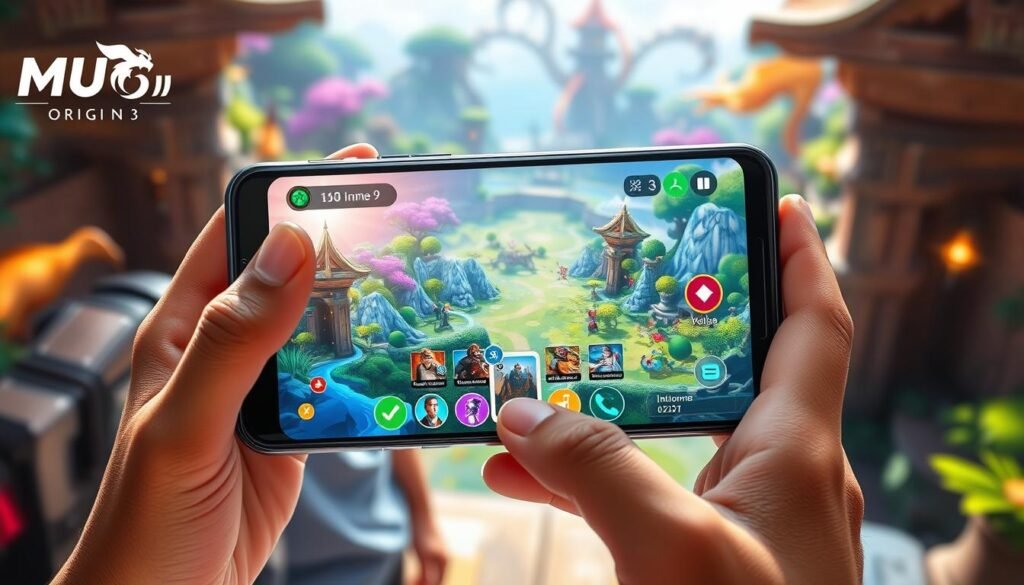 A vibrant and engaging scene depicting a player starting their journey in the mobile game "MU Origin 3." In the foreground, a smartphone is cradled in a player's hands, displaying the game’s colorful and intricate interface, featuring character selection and immersive landscapes. The player wears casual yet stylish clothing, reflecting excitement and curiosity. In the middle, the background shows a dynamic virtual world filled with fantasy elements like enchanted forests and mythical creatures, hinting at the rich gameplay. The lighting is bright and cheerful, suggesting a sense of adventure and discovery. The overall atmosphere is energetic and inviting, capturing the essence of beginning a thrilling game experience. The angle is slightly tilted to showcase the phone and the vibrant game world effectively. A vibrant and engaging scene depicting a player starting their journey in the mobile game "MU Origin 3." In the foreground, a smartphone is cradled in a player's hands, displaying the game’s colorful and intricate interface, featuring character selection and immersive landscapes. The player wears casual yet stylish clothing, reflecting excitement and curiosity. In the middle, the background shows a dynamic virtual world filled with fantasy elements like enchanted forests and mythical creatures, hinting at the rich gameplay. The lighting is bright and cheerful, suggesting a sense of adventure and discovery. The overall atmosphere is energetic and inviting, capturing the essence of beginning a thrilling game experience. The angle is slightly tilted to showcase the phone and the vibrant game world effectively.