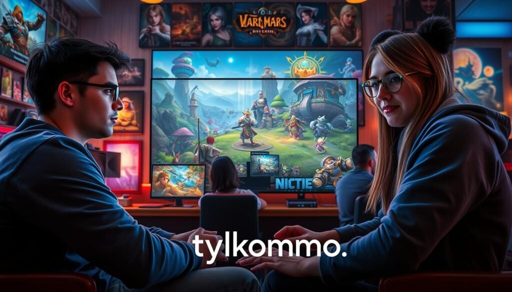 A vibrant and engaging scene showcasing a lesser-known MMO game on PC, featuring a diverse group of players immersed in their adventure. In the foreground, a male and female gamer sit side by side, both clad in casual clothing, focused intently on their screens. The middle layer displays elements of their game world, with fantastical landscapes and characters in action, surrounded by vivid colors and dynamic animations that bring the game to life. In the background, an inviting game cafe atmosphere, filled with gaming posters and soft ambient lighting, suggests a community vibe. The overall mood should feel immersive and inspiring, highlighting the joy of exploring niche MMOs. The logo "tylkommo.pl" subtly integrated into the design completes the scene without being intrusive.