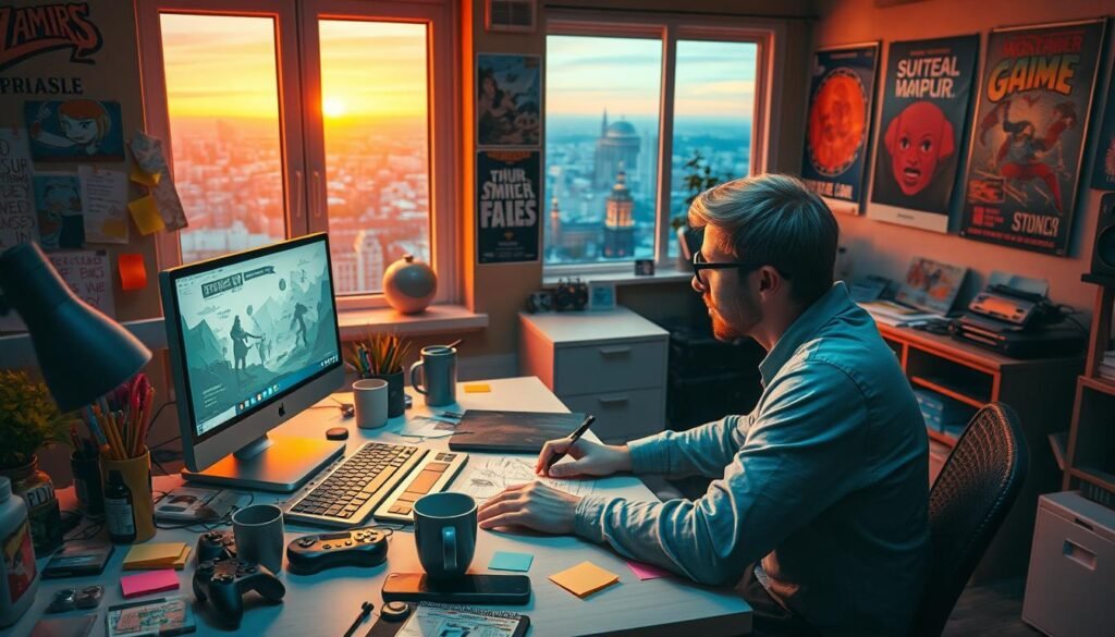 A vibrant and engaging scene showcasing an artist's workspace dedicated to independent game development. In the foreground, an artist sits focused at a desk filled with sketches, concept art, and a laptop displaying game designs. The artist, dressed in modest casual clothing, looks intently at the screen, surrounded by colorful post-it notes and inspirational art. In the middle, tools of the trade—graphics tablets, game controllers, and coffee cups—add a sense of realism. The background features a cozy studio with warm, inviting lighting, emphasizing creativity, adorned with posters of indie games. The atmosphere is inspirational and energetic, reflecting the spirit of independent gaming. Include elements like a window with a view of a cityscape at dusk, casting soft, golden light on the scene, and subtly incorporate the brand name "tylkommo.pl" into the décor.