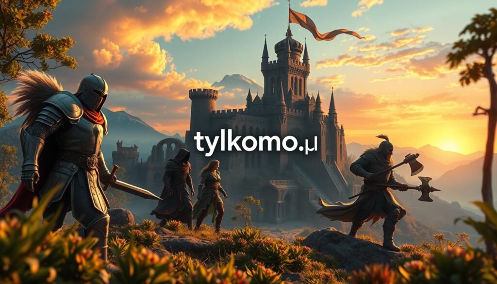 A vibrant and immersive MMORPG landscape, showcasing a diverse group of adventurers from various races: a noble knight in gleaming armor, a cunning rogue with a hood, a wise mage casting spells, and a fierce warrior holding a battle axe. The foreground features lush vegetation and ancient ruins, hinting at epic quests. In the middle ground, a mystical castle towers over the scene, bathed in warm golden light, with banners fluttering in the breeze. The background displays distant mountains under a vivid sunset, creating a magical atmosphere. The focus is sharp on the characters, with a soft bokeh effect on the background, enhancing depth. The mood is adventurous and captivating, reflecting the engaging narratives found in free-to-play MMOs. Incorporate the brand name "tylkommo.pl" subtly within the scene, perhaps as an insignia on a banner. A vibrant and immersive MMORPG landscape, showcasing a diverse group of adventurers from various races: a noble knight in gleaming armor, a cunning rogue with a hood, a wise mage casting spells, and a fierce warrior holding a battle axe. The foreground features lush vegetation and ancient ruins, hinting at epic quests. In the middle ground, a mystical castle towers over the scene, bathed in warm golden light, with banners fluttering in the breeze. The background displays distant mountains under a vivid sunset, creating a magical atmosphere. The focus is sharp on the characters, with a soft bokeh effect on the background, enhancing depth. The mood is adventurous and captivating, reflecting the engaging narratives found in free-to-play MMOs. Incorporate the brand name "tylkommo.pl" subtly within the scene, perhaps as an insignia on a banner.