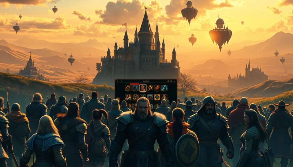 A vibrant and immersive digital artwork depicting classic MMORPG mechanics that continue to attract players. In the foreground, showcase a diverse group of enthusiastic avatars in rich, detailed armor and clothing, engaged in cooperative gameplay. The middle layer features an intricately designed game interface with health bars and skill icons, glowing softly. The background illustrates a breathtaking fantasy landscape, with rolling hills, majestic castles, and a mystical sky filled with floating islands. The lighting is warm and inviting, reminiscent of golden hour, casting long shadows that enhance the depth of the scene. Capture the spirit of adventure and nostalgia, emphasizing a sense of community and timeless enjoyment within the MMORPG genre. This composition reflects the essence of "tylkommo.pl".