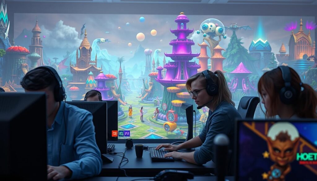A vibrant and immersive digital landscape showcasing unique mechanics of niche MMO games on PC. In the foreground, a diverse group of gamers, both male and female, are deeply engaged in gameplay on their computers, dressed in casual but professional attire. The middle ground features a fantastical world with creatively designed characters and environments, reflecting the mechanics commonly found in niche MMOs, such as intricate crafting systems and unusual fantasy landscapes. In the background, colorful digital realms with surreal landscapes and vibrant atmospheres create a sense of exploration and wonder. Soft, diffused lighting enhances the mood, while dynamic angles capture the excitement and engagement of the gaming experience. This image embodies the distinctive charm and appeal of niche MMO games, ideal for illustrating "tylkommo.pl."