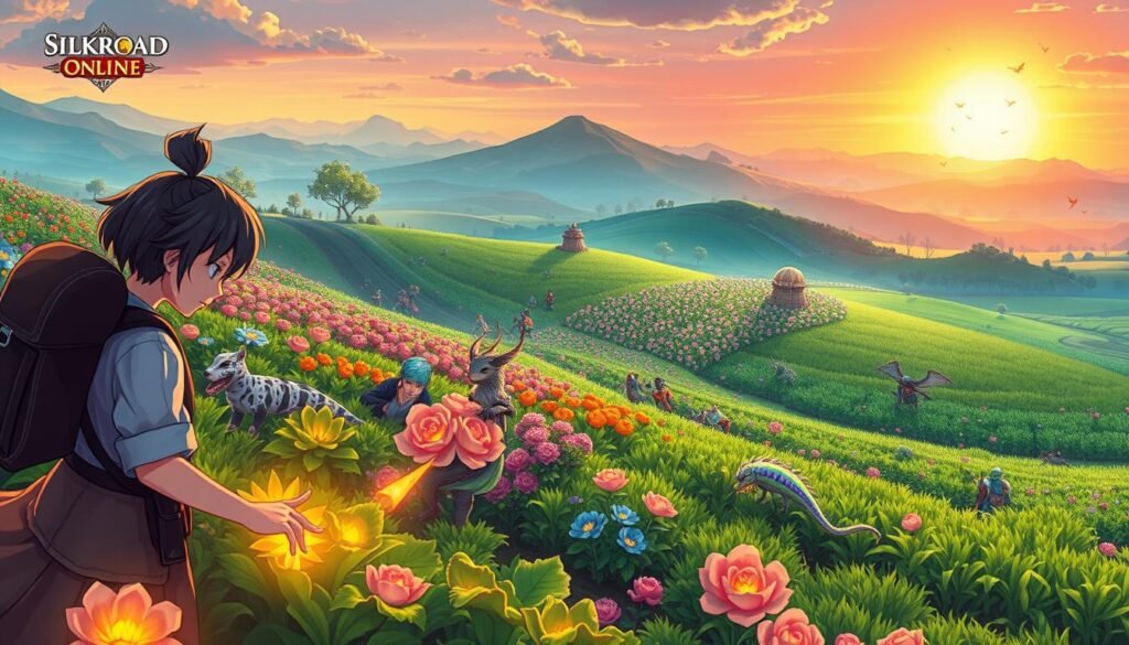 A vibrant and immersive illustration capturing a scene from "Silkroad Online" showcasing a character engaged in a productive farming session for Skill Points (SP). In the foreground, a determined player character, dressed in modest yet stylish casual attire, is harvesting glowing crops or collecting resources from the virtual landscape. The middle ground features lush fields teeming with colorful plants, fantastical creatures, and other players collaborating in the farming process. The background reveals a breathtaking digital landscape, including rolling hills and a majestic sunset casting warm golden light over the scene. The atmosphere is energetic and focused, embodying the excitement of skill advancement in a fantasy role-playing game. Soft, diffused lighting enhances the lively interactions, bringing the farm environment to life without any text or overlay distractions. A vibrant and immersive illustration capturing a scene from "Silkroad Online" showcasing a character engaged in a productive farming session for Skill Points (SP). In the foreground, a determined player character, dressed in modest yet stylish casual attire, is harvesting glowing crops or collecting resources from the virtual landscape. The middle ground features lush fields teeming with colorful plants, fantastical creatures, and other players collaborating in the farming process. The background reveals a breathtaking digital landscape, including rolling hills and a majestic sunset casting warm golden light over the scene. The atmosphere is energetic and focused, embodying the excitement of skill advancement in a fantasy role-playing game. Soft, diffused lighting enhances the lively interactions, bringing the farm environment to life without any text or overlay distractions.