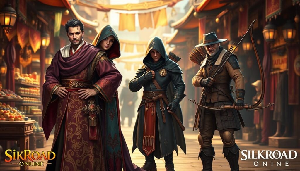 A vibrant and immersive scene depicting three distinct job roles from Silkroad Online: Trader, Thief, and Hunter. In the foreground, a Trader stands confidently, dressed in elegant, flowing robes adorned with rich patterns and colors, showcasing an array of goods. Next to him, a Thief blends into the shadows, wearing dark, stealthy attire, with a cunning expression and tools of the trade subtly visible. In the background, a Hunter, clad in rugged leathers, holds a bow ready, with a quiver of arrows at his side. The setting is a bustling marketplace filled with stalls showcasing exotic items and animated NPCs, under warm, golden lighting that evokes a lively atmosphere. Soft focus on the background adds depth, creating a sense of a vibrant community immersed in commerce and adventure. A vibrant and immersive scene depicting three distinct job roles from Silkroad Online: Trader, Thief, and Hunter. In the foreground, a Trader stands confidently, dressed in elegant, flowing robes adorned with rich patterns and colors, showcasing an array of goods. Next to him, a Thief blends into the shadows, wearing dark, stealthy attire, with a cunning expression and tools of the trade subtly visible. In the background, a Hunter, clad in rugged leathers, holds a bow ready, with a quiver of arrows at his side. The setting is a bustling marketplace filled with stalls showcasing exotic items and animated NPCs, under warm, golden lighting that evokes a lively atmosphere. Soft focus on the background adds depth, creating a sense of a vibrant community immersed in commerce and adventure.
