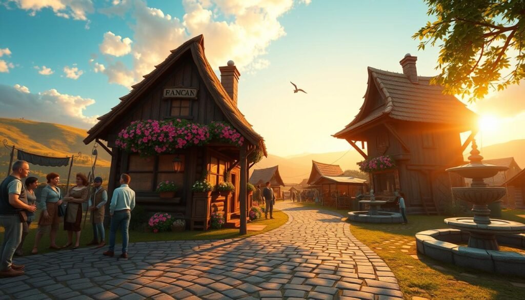 A vibrant and inviting fantasy village scene at dawn, showcasing the "start village" in a colorful MMORPG setting. In the foreground, a cobblestone path leads to a quaint wooden inn with a thatched roof, overflowing with flowering plants. To the left, villagers in modest casual clothing are gathered, discussing their adventures with friendly expressions. The middle ground features a bustling marketplace with stalls selling goods, and a small fountain where children play. In the background, rolling hills and a bright sky with soft, golden sunlight filtering through clouds create a warm, welcoming atmosphere. The image conveys a sense of community and adventure, capturing the essence of starting in a cooperative MMO experience. The scene is depicted with a wide-angle lens for an immersive perspective, highlighting details and colors beautifully. A vibrant and inviting fantasy village scene at dawn, showcasing the "start village" in a colorful MMORPG setting. In the foreground, a cobblestone path leads to a quaint wooden inn with a thatched roof, overflowing with flowering plants. To the left, villagers in modest casual clothing are gathered, discussing their adventures with friendly expressions. The middle ground features a bustling marketplace with stalls selling goods, and a small fountain where children play. In the background, rolling hills and a bright sky with soft, golden sunlight filtering through clouds create a warm, welcoming atmosphere. The image conveys a sense of community and adventure, capturing the essence of starting in a cooperative MMO experience. The scene is depicted with a wide-angle lens for an immersive perspective, highlighting details and colors beautifully.