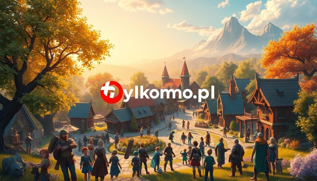 A vibrant and inviting landscape depicting a beginner-friendly MMORPG environment. In the foreground, a diverse group of adventurers of different races (humans, elves, and dwarves) engages in cooperative activities, showcasing teamwork and camaraderie. The middle ground features a colorful town square with charming cottages, marketplace stalls, and peaceful NPCs. Enchanted forest trees and distant mountains create an idyllic backdrop, illuminated by warm, golden sunlight filtering through the leaves. The atmosphere is lively yet welcoming, evoking curiosity and excitement for new players. A logo for "tylkommo.pl" is subtly integrated into the scene, adding branding without overpowering the composition.