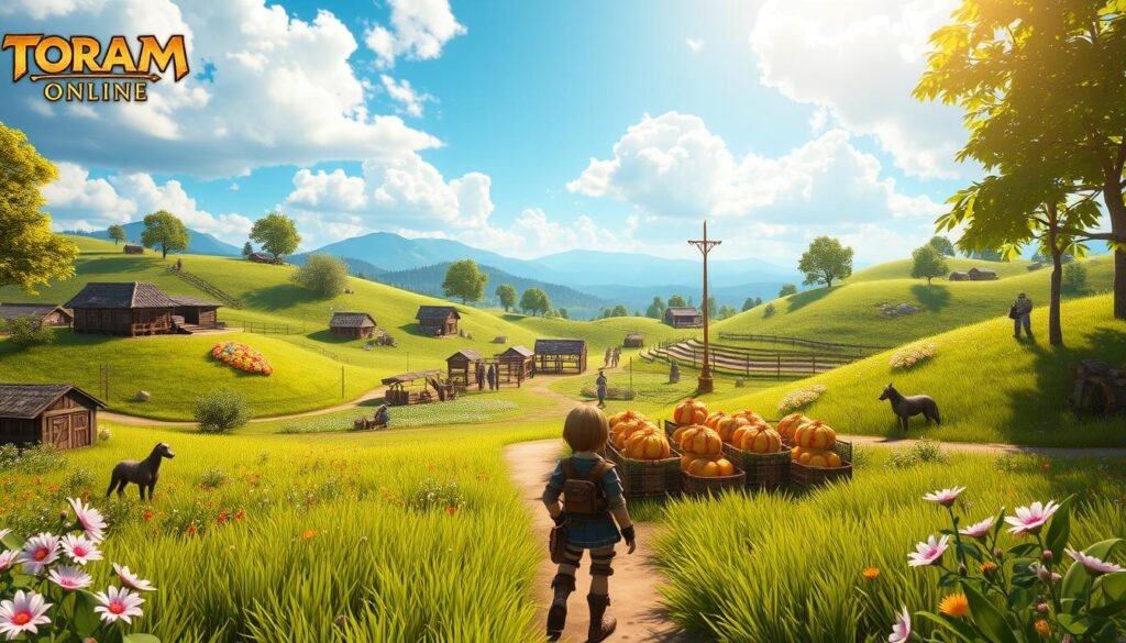 A vibrant and picturesque farm spot from the game "Toram Online," showcasing lush green landscapes dotted with colorful flowers and rolling hills. In the foreground, a character in modest armor is gathering resources and interacting with friendly NPCs. The middle ground features various collectable items glinting in the sunlight, while other players can be seen farming together in cooperative gameplay. The background reveals distant mountains under a bright blue sky with fluffy clouds, creating a tranquil atmosphere. The scene is illuminated by warm, soft sunlight, casting gentle shadows, enhancing the inviting mood of the farm area. The angle captures an expansive view to highlight the beauty and detail of the environment, bringing the essence of "Toram Online" to life.