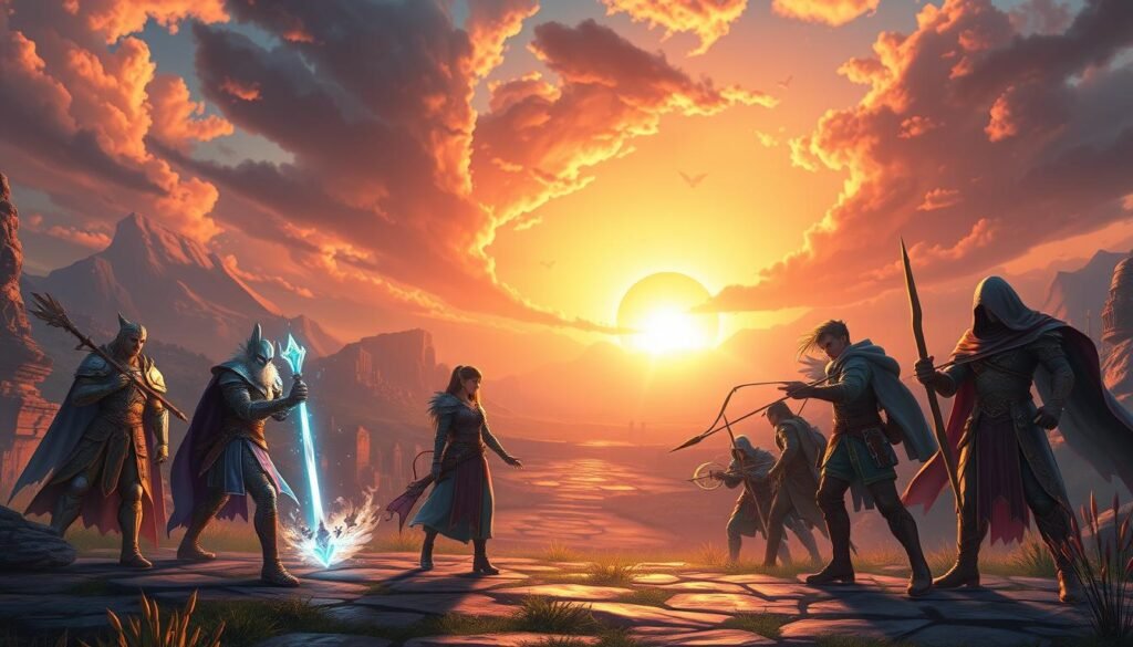 A vibrant and visually engaging illustration showcasing the different starting classes available in a fantasy RPG game. In the foreground, display a diverse group of characters representing various classes—such as a warrior in shining armor, a mage with a glowing staff, an archer with a quiver full of arrows, and a rogue with stealthy attire—each embodying their unique traits. The middle ground features a mystical landscape with ancient ruins and magical elements, suggesting the adventurous nature of the game. The background is filled with a dramatic sky at sunset, casting a warm, golden light that highlights the characters. Create an atmosphere of anticipation and excitement, emphasizing the theme of class exploration and endgame potential. Use a cinematic angle to enhance the depth and focus on the characters.