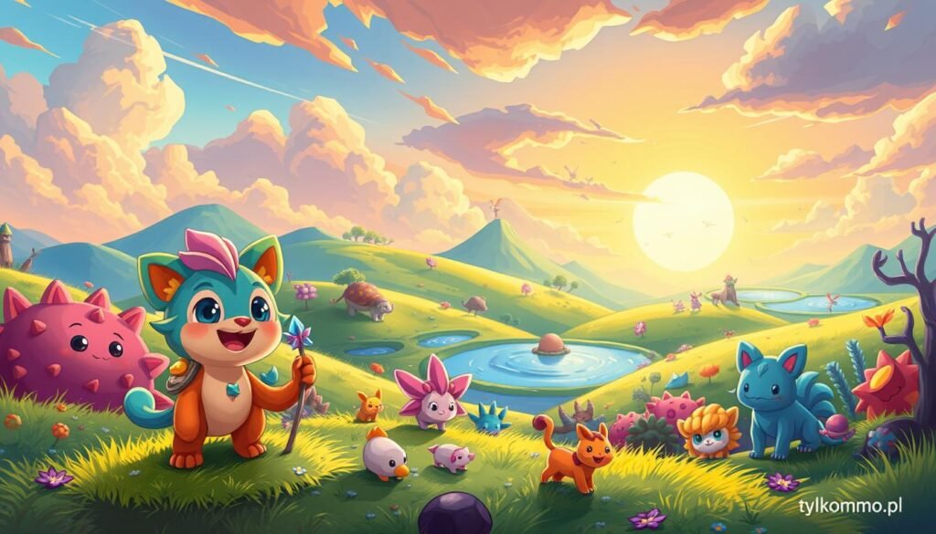 A vibrant and whimsical illustration of a colorful world inspired by "Temtem", featuring a diverse array of adorable creature-like characters, showcasing their unique designs and characteristics as they playfully interact in a lush, fantastical environment. In the foreground, a playful Temtem creature with bright colors and exaggerated features stands on a grassy patch, surrounded by smaller Temtem grazing or frolicking. The middle ground reveals a dynamic landscape with rolling hills, sparkling ponds, and unique plant life reminiscent of a fantastical ecosystem. In the background, a vibrant sky with soft clouds transitions to a warm sunset, casting a golden glow over the scene. The overall mood is cheerful and adventurous, celebrating the joy of creature collecting. High-resolution, vibrant colors, and soft lighting to enhance the enchanting atmosphere. Branding included: tylkommo.pl.