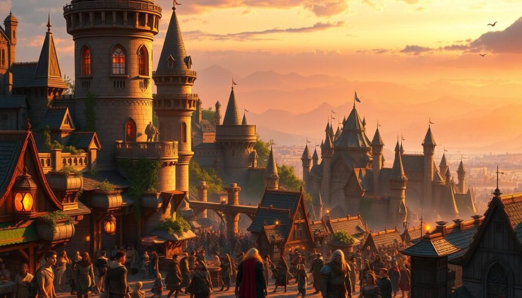 A vibrant cityscape of Ardent City, set during the golden hour, showcasing a blend of fantastical medieval and modern architecture. In the foreground, a lively marketplace buzzes with villagers dressed in colorful, modest medieval attire, engaging in trade. The middle ground features majestic towers adorned with glowing crystals, intricate bridges connecting various sectors, and lush greenery spilling over walls, indicating a harmonious blend with nature. In the background, the silhouette of an expansive, enchanting skyline filled with distant mountains under a soft orange and purple sky. The atmosphere is immersive and inviting, radiating a sense of adventure and camaraderie. The lighting is warm and golden, casting long shadows, enhancing the details of the architecture and the expressions of the villagers, creating a magical, welcoming vibe. A vibrant cityscape of Ardent City, set during the golden hour, showcasing a blend of fantastical medieval and modern architecture. In the foreground, a lively marketplace buzzes with villagers dressed in colorful, modest medieval attire, engaging in trade. The middle ground features majestic towers adorned with glowing crystals, intricate bridges connecting various sectors, and lush greenery spilling over walls, indicating a harmonious blend with nature. In the background, the silhouette of an expansive, enchanting skyline filled with distant mountains under a soft orange and purple sky. The atmosphere is immersive and inviting, radiating a sense of adventure and camaraderie. The lighting is warm and golden, casting long shadows, enhancing the details of the architecture and the expressions of the villagers, creating a magical, welcoming vibe.