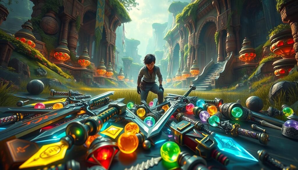 A vibrant, detailed fantasy scene from a game environment resembling MU Online, showcasing a variety of loot drops scattered on the ground. In the foreground, a glittering pile of items including swords, armor pieces, and colorful potions, reflecting magical lights. In the middle ground, a diverse character wearing modest, casual adventurer attire, attentively examining the loot with a look of determination. The background features a lush, intricate landscape with ancient ruins and a mystical atmosphere. The scene is illuminated by soft, ethereal lighting that accentuates the textures of the items and enhances the sense of adventure. The overall mood is engaging and dynamic, capturing the essence of loot gathering in a fantasy world.