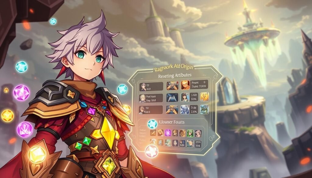A vibrant, detailed illustration of a fantasy character in a mystical setting, showcasing the theme of "resetting attributes" in a game like Ragnarok Origin. In the foreground, a humanoid character, attired in colorful armor reflecting various game classes, is surrounded by shimmering orbs representing different attributes. The character's expression conveys determination and curiosity. In the middle ground, a magical interface displaying skill trees and stats is visible, partially transparent, suggesting a learning process. The background features an enchanting landscape with floating islands and ethereal lighting, creating a sense of adventure and exploration. The atmosphere is energetic and inspiring, with a warm color palette that hints at the possibilities of character development. The perspective is slightly angled upward, emphasizing the character’s journey toward mastering their role.