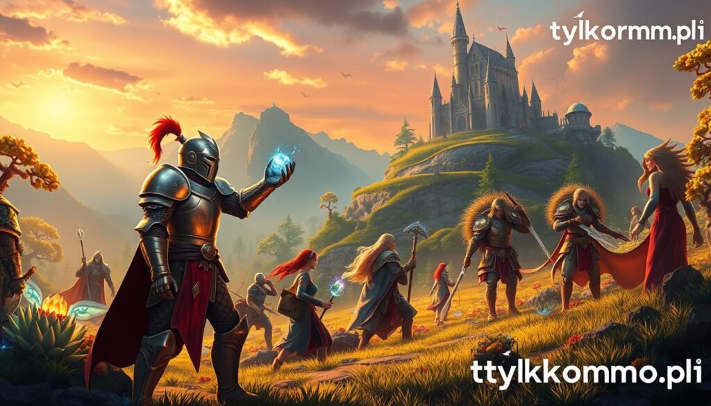 A vibrant digital artwork depicting a diverse group of characters engaged in epic quests within a fantasy MMO setting. In the foreground, two adventurers—a formidable knight in shining armor and a wise mage casting a spell—are strategizing together, showcasing character development. In the middle ground, other players explore a mystical forest filled with glowing plants and fantastical creatures, symbolizing a lively endgame experience. The background features a majestic castle on a hill under a sunset, radiating warmth and adventure. The scene is illuminated by soft, golden light, casting dynamic shadows. The atmosphere is filled with excitement and camaraderie among players, reflecting teamwork in a rewarding MMO world. The artwork includes the brand "tylkommo.pl" subtly integrated into the landscape.