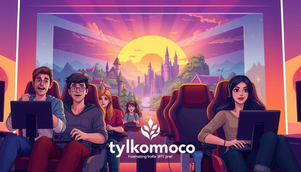 A vibrant digital illustration showcasing the essence of the best low-requirement MMO games for PC, tailored for every gamer. In the foreground, a diverse group of players, both men and women, are engaged in an intense gaming session, sitting in modern, comfortable gaming chairs with expressions of excitement. They are dressed in casual, modest clothing. The middle layer features a dynamic in-game environment, highlighting colorful landscapes and iconic elements from popular MMOs, like castles and mystical forests. In the background, a warm glow from a digital sunset enhances the atmosphere, casting a magical hue over the entire scene. The lighting is soft yet dynamic, creating a welcoming and invigorating mood, ideal for gaming. Include a subtle logo of "tylkommo.pl" integrated unobtrusively into the design, enhancing the overall aesthetic without distracting from the main focus.