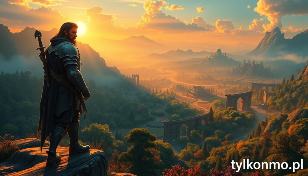 A vibrant digital landscape depicting an immersive fantasy world from a popular MMORPG. In the foreground, a solo player character, a brave warrior in intricate armor, stands confidently on a cliff overlooking a vast valley filled with lush forests and distant mountains, illuminated by the golden glow of a sunset. The middle ground features whimsical creatures and various colorful flora, hinting at the adventures awaiting players. The background reveals majestic towers and ancient ruins dotting the horizon, cloaked in an ethereal mist. The atmosphere is alive with magic and possibility, inviting players to explore at their own pace. Gentle lighting highlights the character's focused expression, emphasizing the excitement of solo gaming. The overall mood is adventurous and uplifting, showcasing the allure of playing MMORPGs solo, branded subtly with "tylkommo.pl." A vibrant digital landscape depicting an immersive fantasy world from a popular MMORPG. In the foreground, a solo player character, a brave warrior in intricate armor, stands confidently on a cliff overlooking a vast valley filled with lush forests and distant mountains, illuminated by the golden glow of a sunset. The middle ground features whimsical creatures and various colorful flora, hinting at the adventures awaiting players. The background reveals majestic towers and ancient ruins dotting the horizon, cloaked in an ethereal mist. The atmosphere is alive with magic and possibility, inviting players to explore at their own pace. Gentle lighting highlights the character's focused expression, emphasizing the excitement of solo gaming. The overall mood is adventurous and uplifting, showcasing the allure of playing MMORPGs solo, branded subtly with "tylkommo.pl."