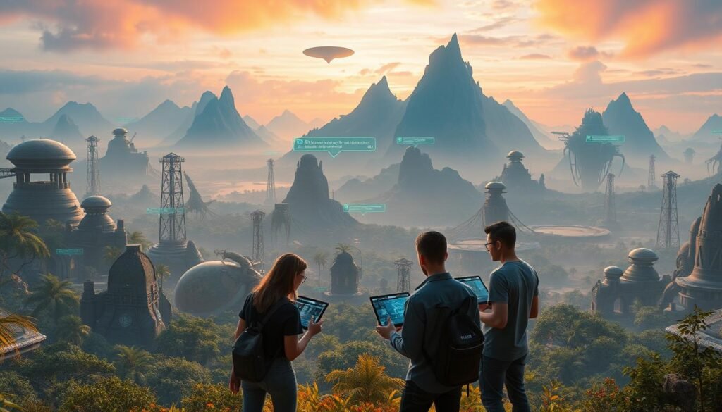 A vibrant digital landscape inspired by the Entropia Universe, depicting a futuristic, expansive world filled with lush greenery and alien architecture. In the foreground, a diverse group of three players, dressed in professional casual clothing, are engaged in a strategy discussion, their digital interfaces glowing softly. The middle layer features unique creatures and interactive elements, showcasing the essence of free gameplay, like craftable items and resources. The background reveals majestic mountains and floating islands under a vivid, colorful sky at dusk, casting a warm, soft light over the scene. The atmosphere is a mix of excitement and exploration, emphasizing the theme of possibility within a vast, free-to-play environment.