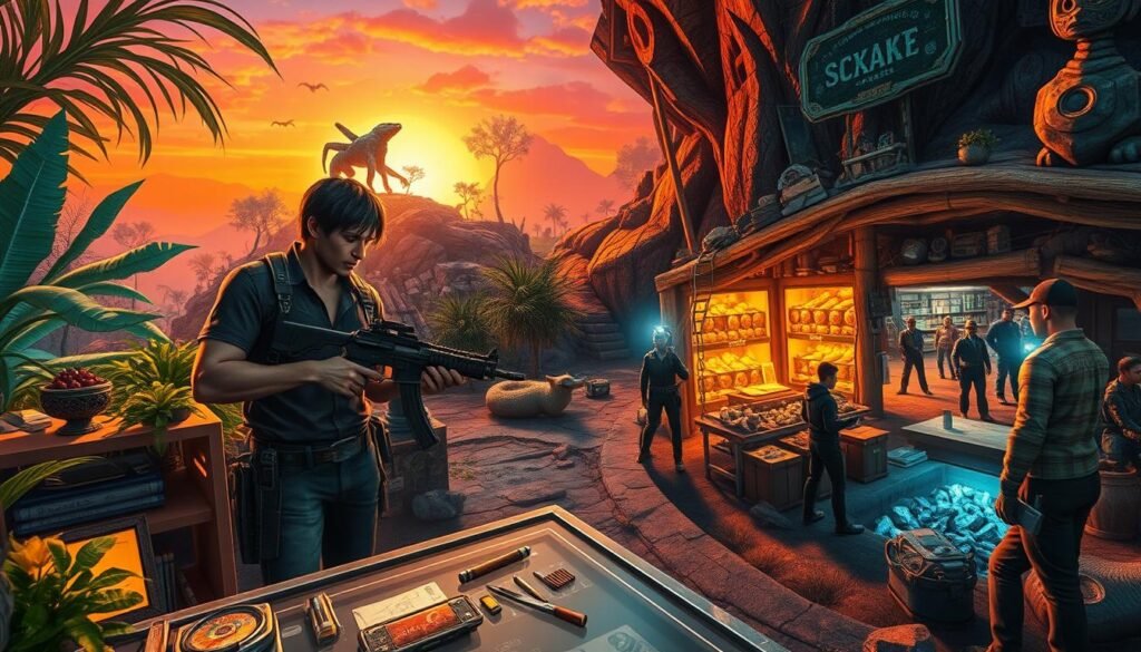 A vibrant digital landscape showcasing the interconnected activities of hunting, mining, crafting, and player services within the Entropia Universe. In the foreground, a player, dressed in casual yet professional gaming attire, is intently examining a crafting station, surrounded by tools and materials gleaming under warm lighting. To the left, an adventurous figure wields a futuristic weapon, ready to hunt an alien creature amidst lush, exotic vegetation. In the center, miners with headlamps explore underground caverns rich with gemstones and minerals, with shimmering deposits catching the light. The background features a bustling marketplace with players engaging in trade, under a vivid sunset sky casting an orange and purple hue. The overall atmosphere conveys a sense of collaboration and economic activity, inviting viewers into the dynamic world of the game.