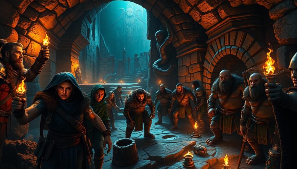 A vibrant dungeon crawler scene set in a dimly lit, ancient underground chamber, filled with twisting stone corridors and flickering torches casting dramatic shadows. In the foreground, a diverse group of adventurers clad in rugged, practical armor explore, showcasing a mix of races and classes, such as a human warrior, an elven mage, and a stout dwarf. They are intensely focused, with expressions of determination and teamwork. The middle ground reveals ominous traps and treasures, surrounded by eerie, glowing runes and mystical artifacts. In the background, towering stone walls are adorned with ancient, faded murals, conveying a sense of rich history and adventure. The atmosphere is filled with tension and excitement, evoking the thrill of exploration and discovery in a lively, immersive fantasy world. Tylkommo.pl