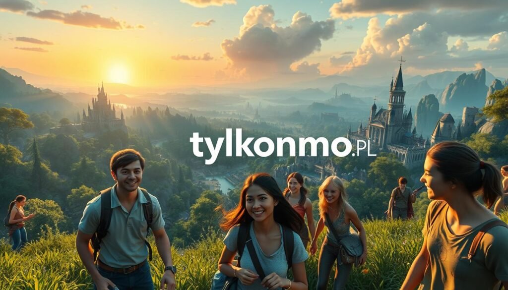 A vibrant, dynamic scene capturing the essence of multiplayer gaming, set in a virtual world filled with diverse characters interacting joyfully. In the foreground, a group of players, dressed in casual yet stylish clothing, are engaged in an epic quest, their expressions reflecting excitement and camaraderie. The middle ground showcases an expansive landscape with lush green forests, mystical castles, and animated NPCs bustling about, highlighting the immersive free-to-play environment. In the background, a stunning sunset casts warm hues over the horizon, enhancing the magical atmosphere. The lighting is soft yet dramatic, creating a sense of adventure. A prominent logo for "tylkommo.pl" subtly integrated into the scenery emphasizes the article's focus on free MMO gaming.