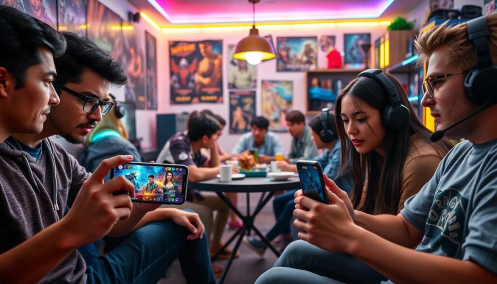 A vibrant, dynamic scene showcasing a group of diverse MMO players engaging in a thrilling gaming session. In the foreground, two players, one male and one female, are intensely focused on their smartphones, displaying colorful game graphics. They are dressed in casual clothing, representing various gaming cultures. The middle ground features additional players gathered around a table, enjoying snacks and drinks, immersed in strategy discussions. In the background, a cozy gaming room with gaming posters on the walls, ambient LED lighting creating an energetic atmosphere, and shelves filled with gaming paraphernalia. The lighting is warm and inviting, casting soft shadows. The image captures the camaraderie and excitement of gaming together, perfect for illustrating a guide on leveling up in Eterspire. A vibrant, dynamic scene showcasing a group of diverse MMO players engaging in a thrilling gaming session. In the foreground, two players, one male and one female, are intensely focused on their smartphones, displaying colorful game graphics. They are dressed in casual clothing, representing various gaming cultures. The middle ground features additional players gathered around a table, enjoying snacks and drinks, immersed in strategy discussions. In the background, a cozy gaming room with gaming posters on the walls, ambient LED lighting creating an energetic atmosphere, and shelves filled with gaming paraphernalia. The lighting is warm and inviting, casting soft shadows. The image captures the camaraderie and excitement of gaming together, perfect for illustrating a guide on leveling up in Eterspire.
