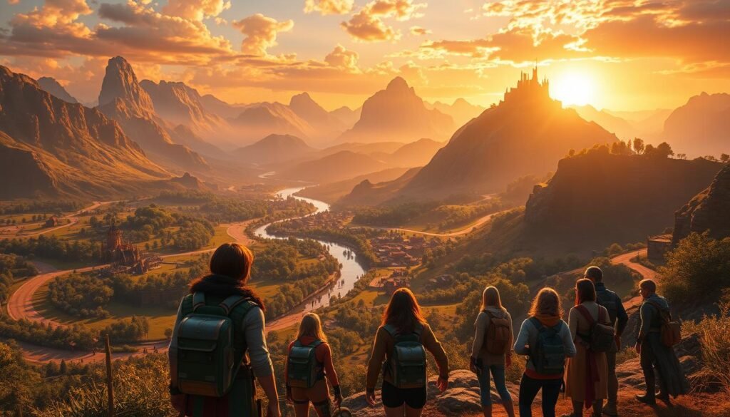 A vibrant, expansive open-world fantasy landscape, showcasing lush valleys, towering mountains, and ancient ruins bathed in golden sunlight. In the foreground, a diverse group of adventurers, wearing modern yet practical outfits, gazes over a breathtaking vista, embodying the spirit of exploration. The middle ground features a winding river and scattered villages, with NPCs engaging in daily activities, creating a lively atmosphere. In the background, a distant castle looms against a vibrant sunset sky, casting warm hues across the scene. The composition captures a sense of wonder and adventure, emphasizing the modern approach to open-world design in MMORPGs. The lighting is bright, accentuating details in the landscape and characters. This image represents the engaging and dynamic nature of modern MMOs. Suitable for "tylkommo.pl".